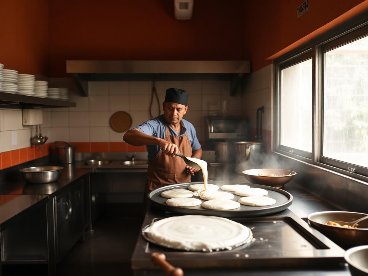 Cook pouring millet batter onto a griddle in the Pearl Sattva cloud kitchen
