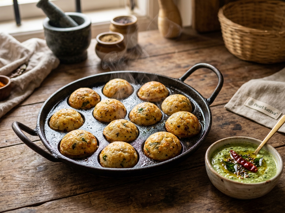 Soft millet paniyarams cooking in a cast iron pan